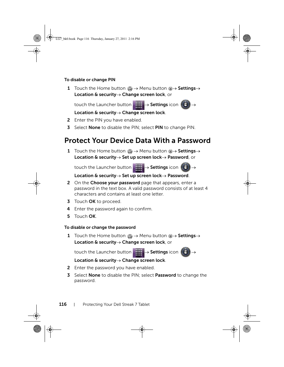 To disable or change pin, Protect your device data with a password, To disable or change the password | Dell Mobile Streak 7 User Manual | Page 116 / 145