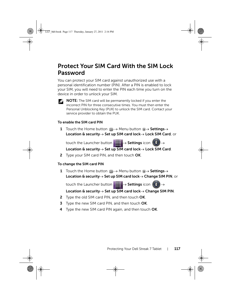 Protect your sim card with the sim lock password, To enable the sim card pin, To change the sim card pin | Dell Mobile Streak 7 User Manual | Page 117 / 145