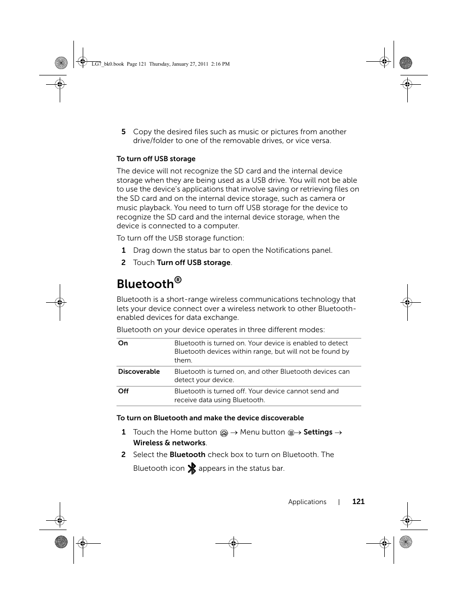 To turn off usb storage, Bluetooth | Dell Mobile Streak 7 User Manual | Page 121 / 145