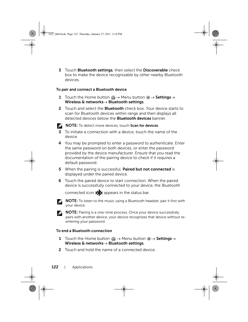 To pair and connect a bluetooth device, To end a bluetooth connection | Dell Mobile Streak 7 User Manual | Page 122 / 145