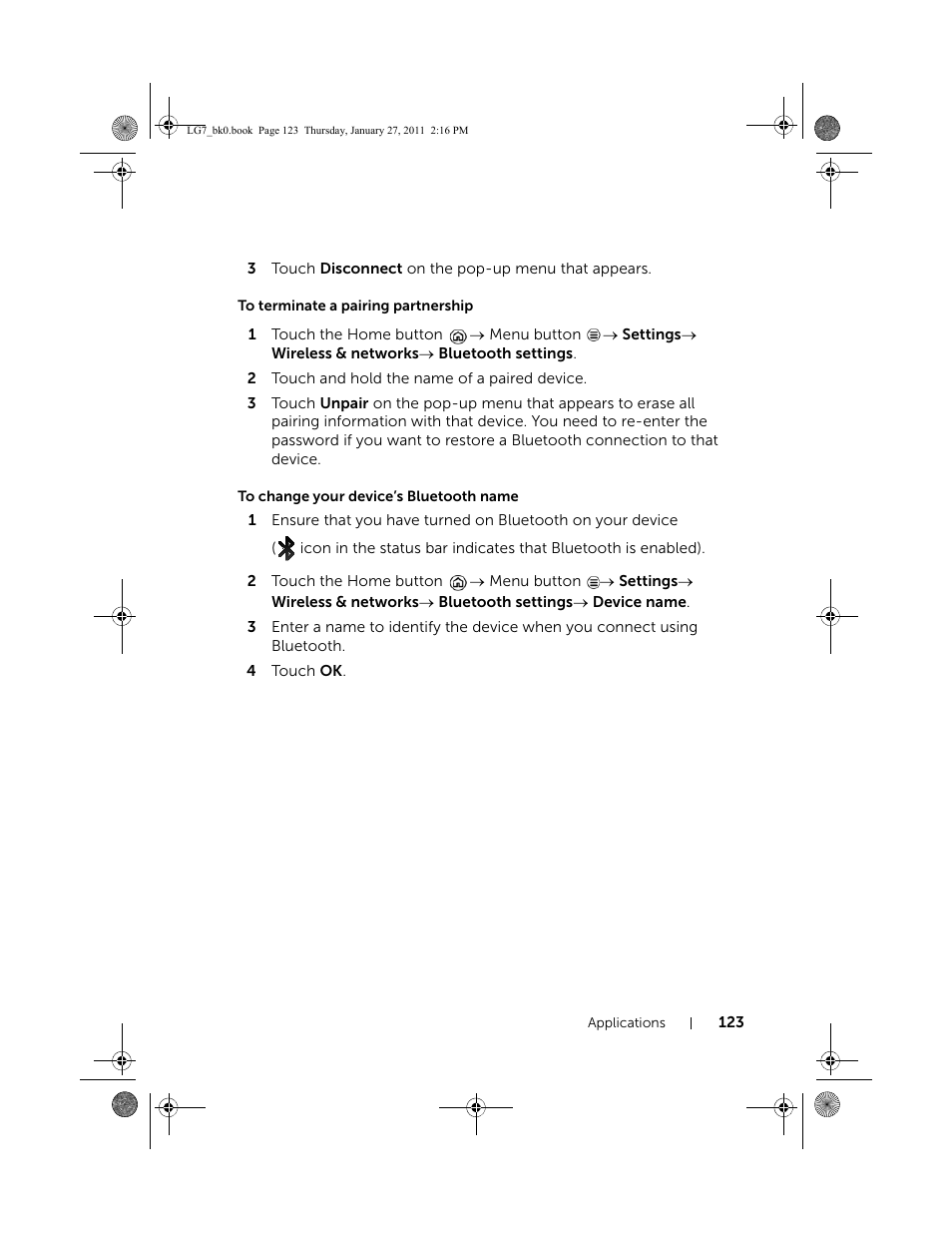 To terminate a pairing partnership, To change your device’s bluetooth name | Dell Mobile Streak 7 User Manual | Page 123 / 145