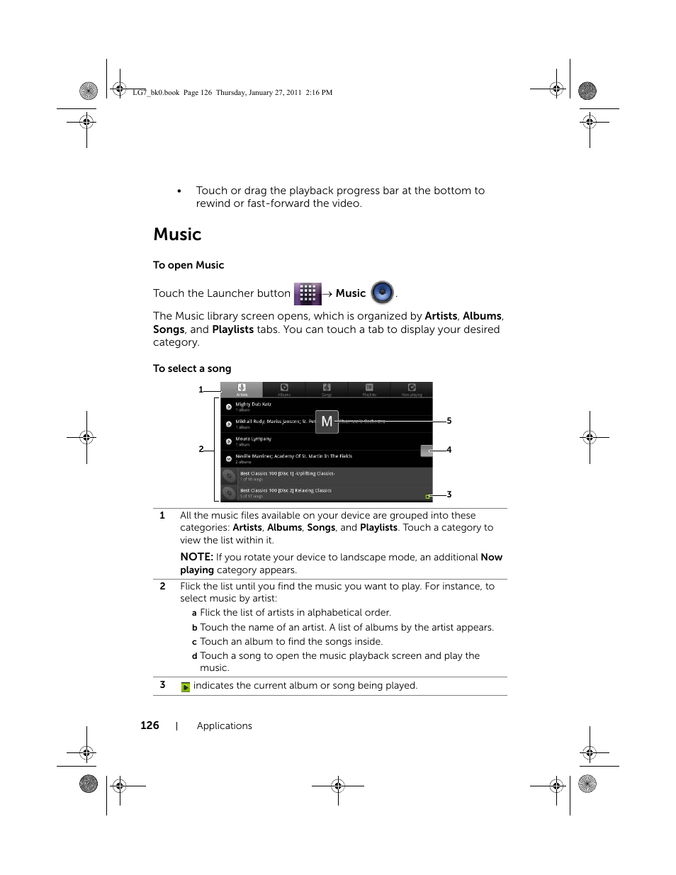 Music, To open music, To select a song | Dell Mobile Streak 7 User Manual | Page 126 / 145