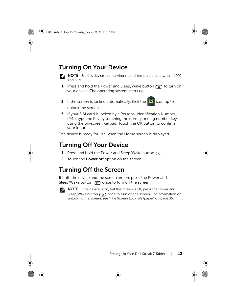 Turning on your device, Turning off your device, Turning off the screen | Dell Mobile Streak 7 User Manual | Page 13 / 145