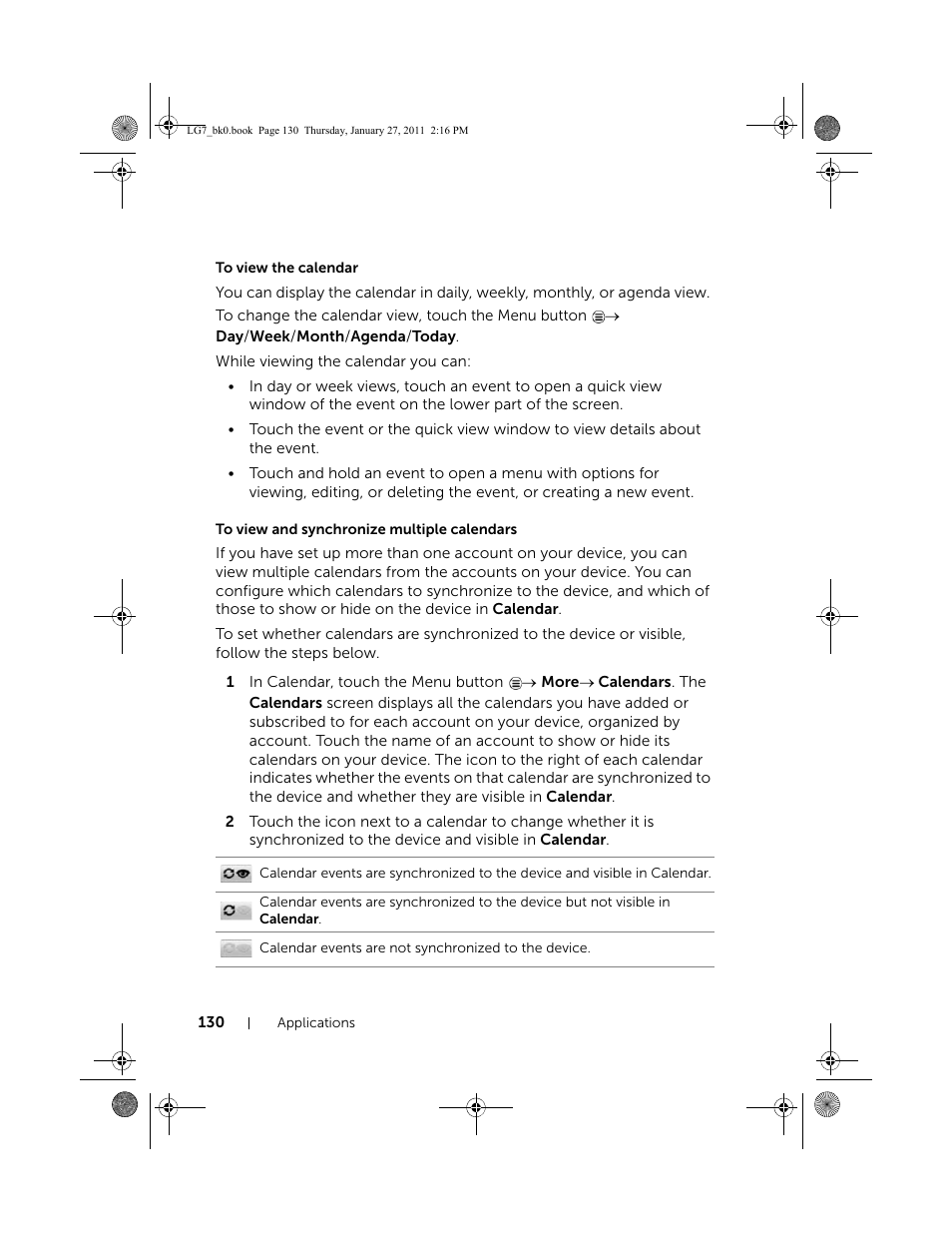 To view the calendar, To view and synchronize multiple calendars | Dell Mobile Streak 7 User Manual | Page 130 / 145