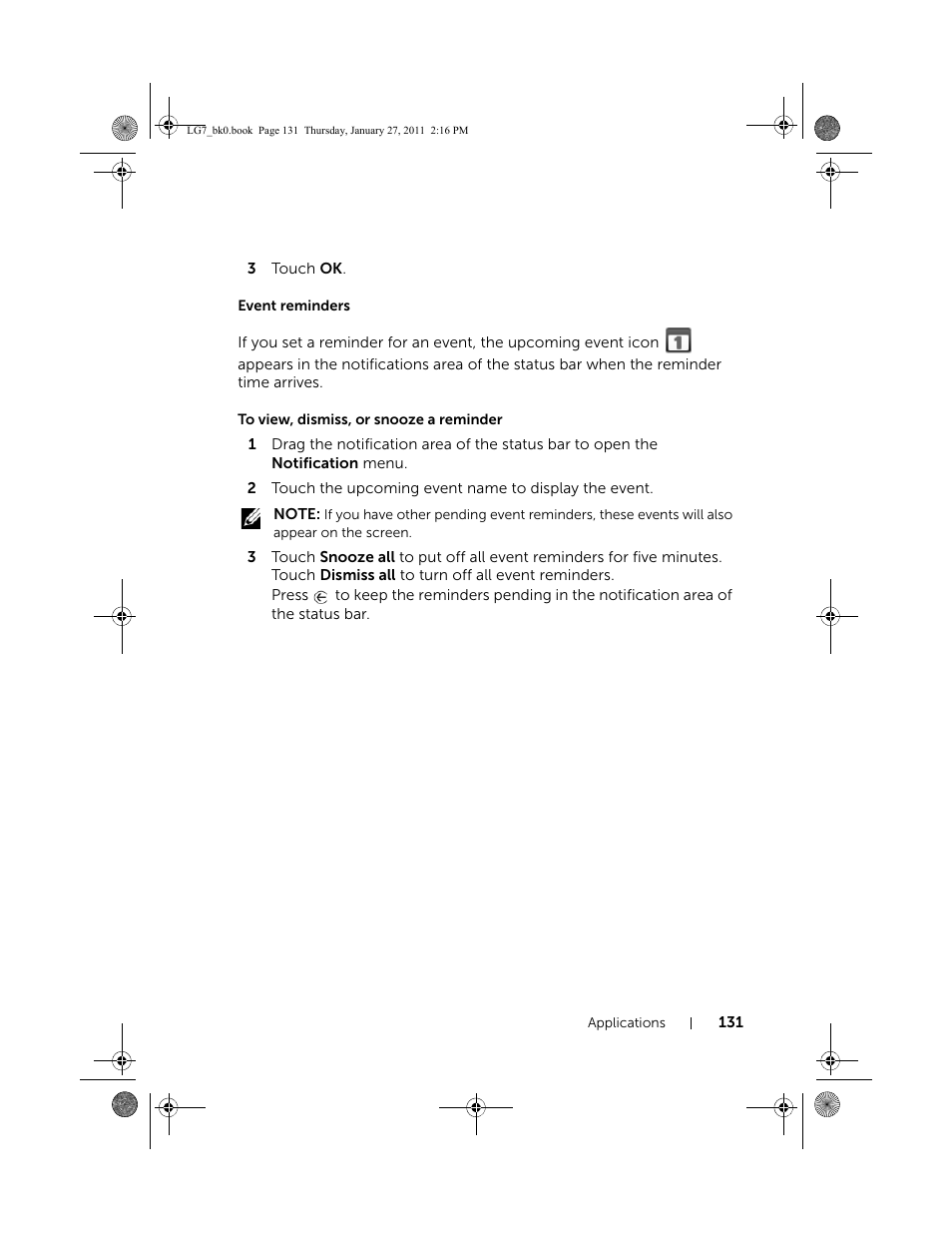 Event reminders, To view, dismiss, or snooze a reminder | Dell Mobile Streak 7 User Manual | Page 131 / 145