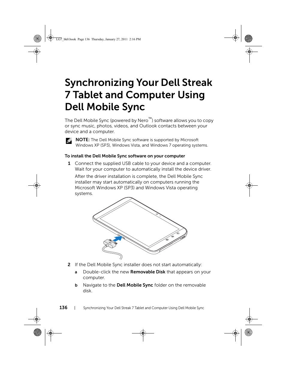 Synchronizing your dell streak 7, Tablet and computer using dell mobile sync | Dell Mobile Streak 7 User Manual | Page 136 / 145