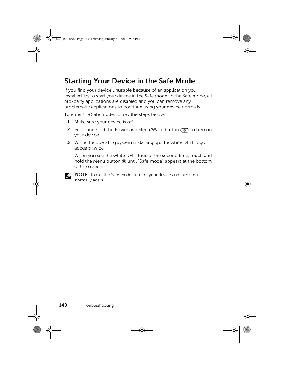 Starting your device in the safe mode | Dell Mobile Streak 7 User Manual | Page 140 / 145