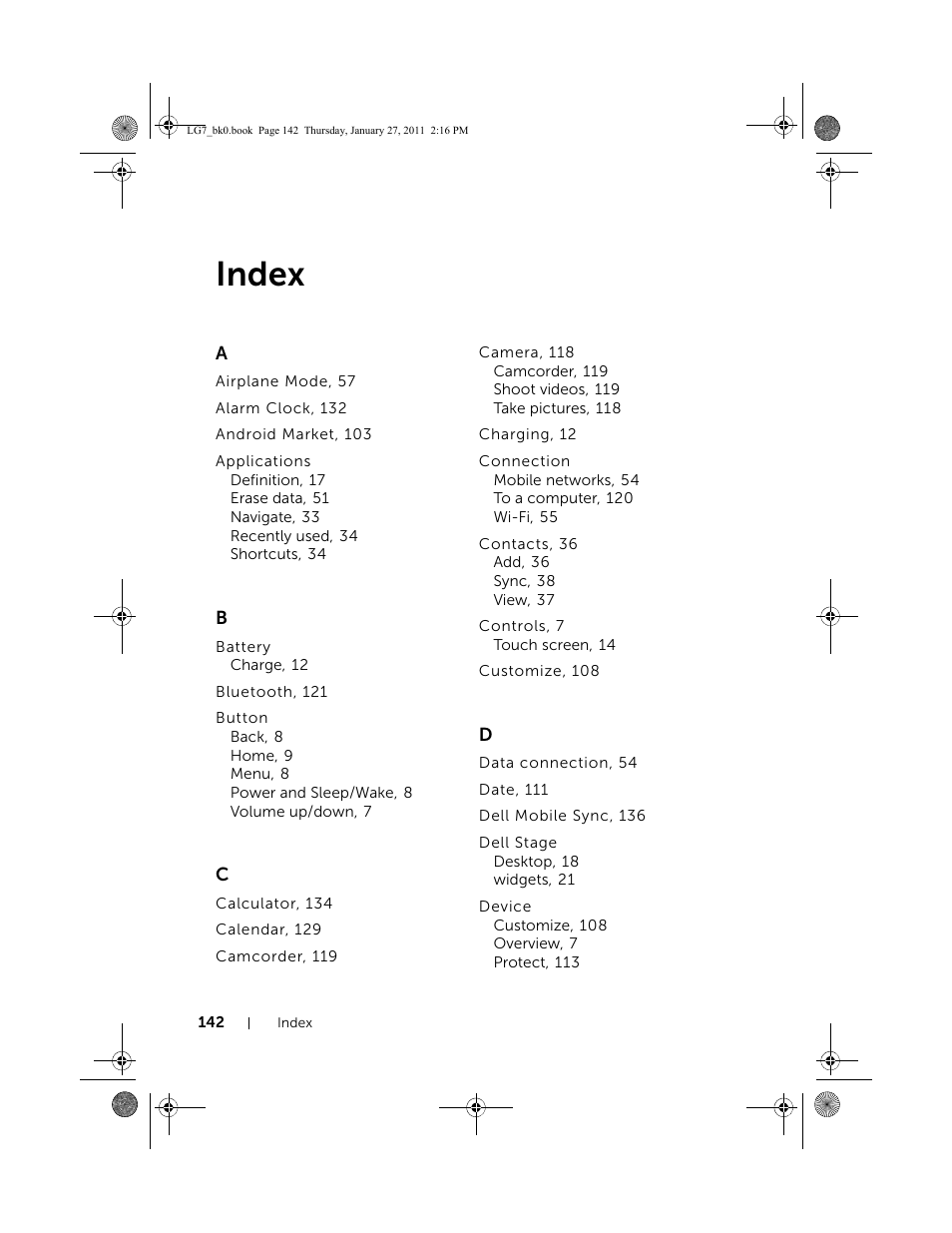 Index | Dell Mobile Streak 7 User Manual | Page 142 / 145