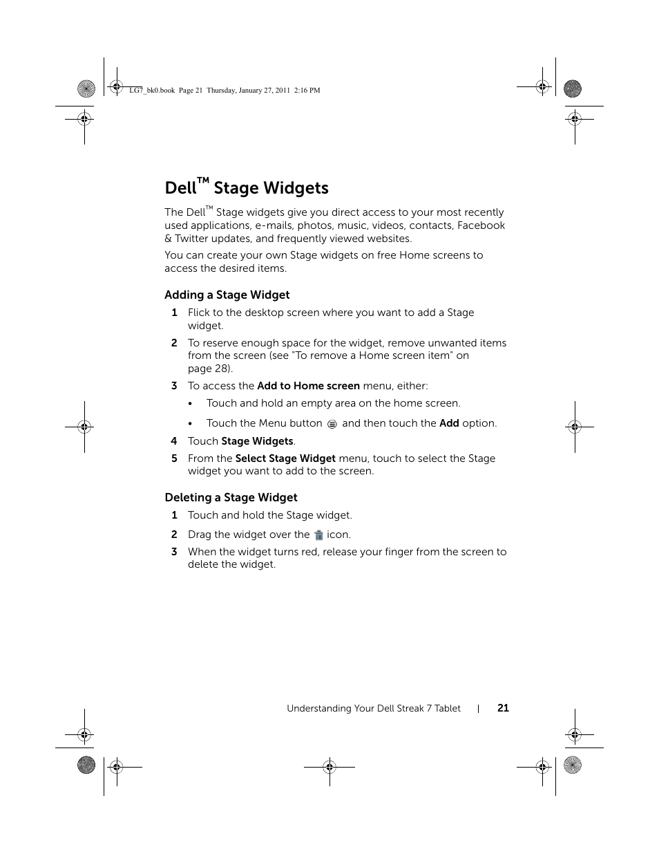 Dell™ stage widgets, Adding a stage widget, Deleting a stage widget | Dell, Stage widgets | Dell Mobile Streak 7 User Manual | Page 21 / 145