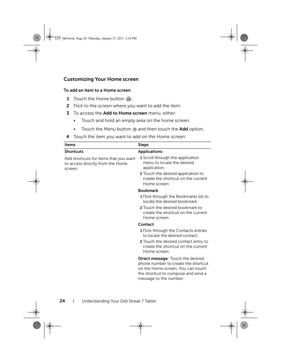 Customizing your home screen, To add an item to a home screen | Dell Mobile Streak 7 User Manual | Page 24 / 145