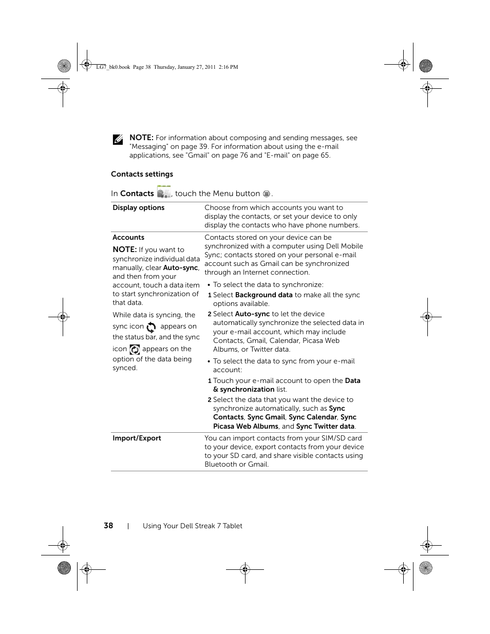 Contacts settings | Dell Mobile Streak 7 User Manual | Page 38 / 145