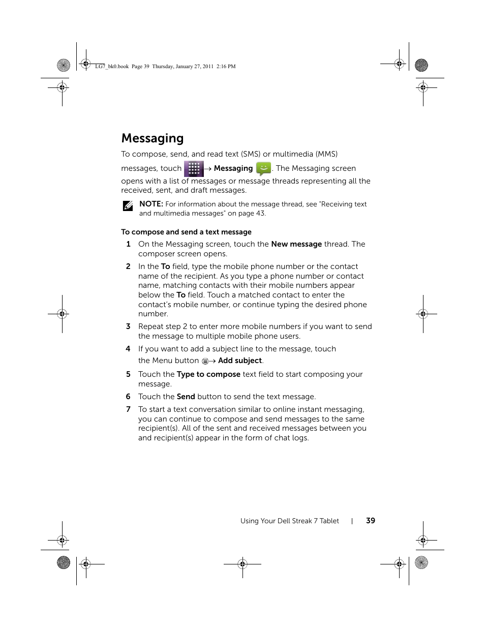 Messaging, To compose and send a text message | Dell Mobile Streak 7 User Manual | Page 39 / 145