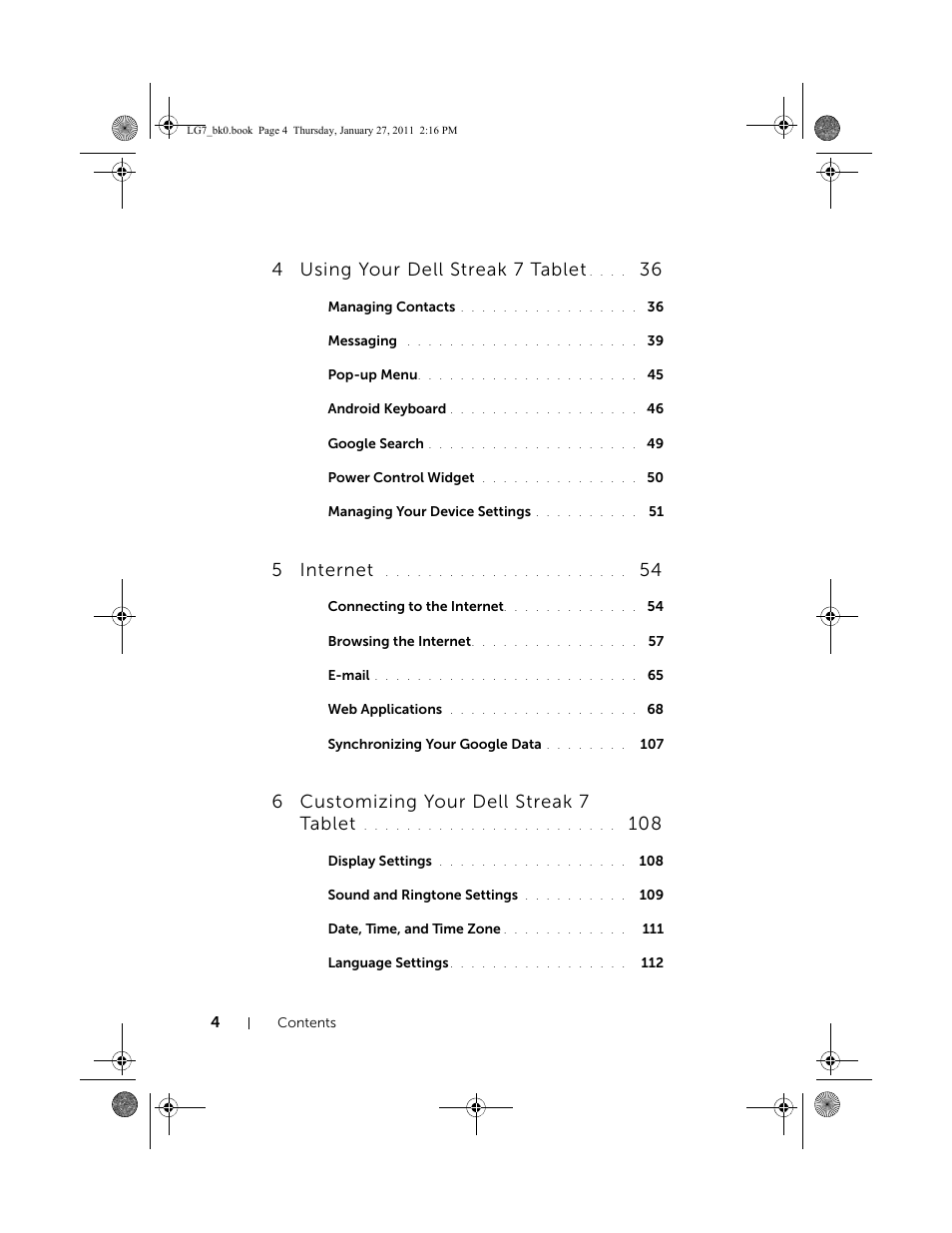 4 using your dell streak 7 tablet, 5internet, 6 customizing your dell streak 7 tablet | Dell Mobile Streak 7 User Manual | Page 4 / 145