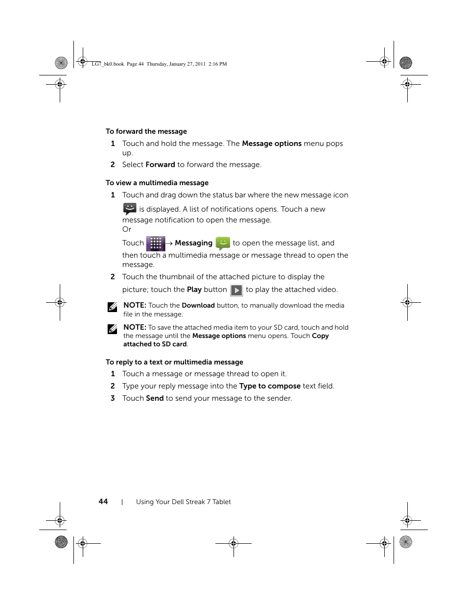 To forward the message, To view a multimedia message, To reply to a text or multimedia message | Dell Mobile Streak 7 User Manual | Page 44 / 145