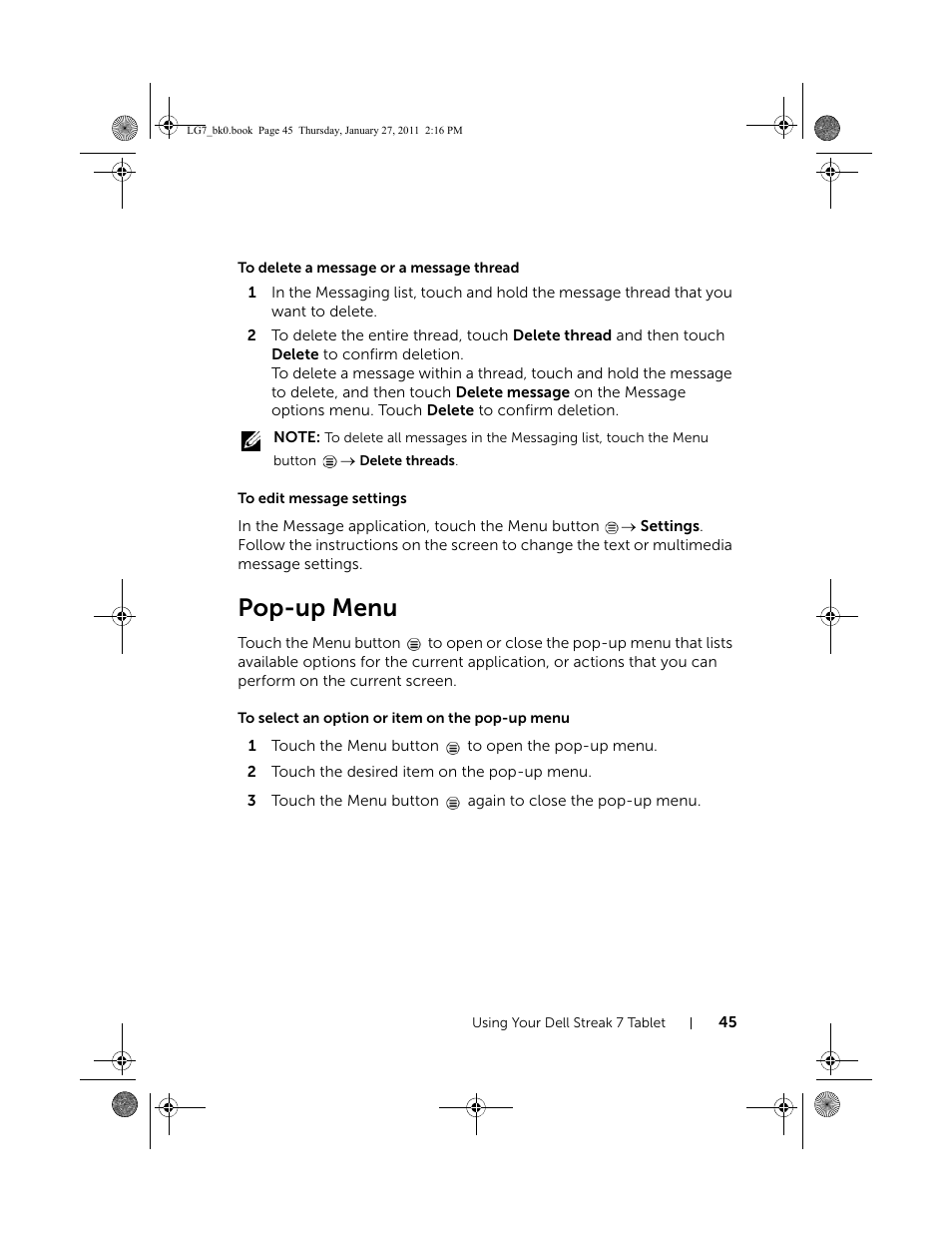 To delete a message or a message thread, To edit message settings, Pop-up menu | To select an option or item on the pop-up menu | Dell Mobile Streak 7 User Manual | Page 45 / 145