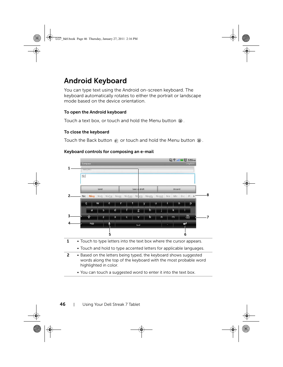 Android keyboard, To open the android keyboard, To close the keyboard | Keyboard controls for composing an e-mail | Dell Mobile Streak 7 User Manual | Page 46 / 145