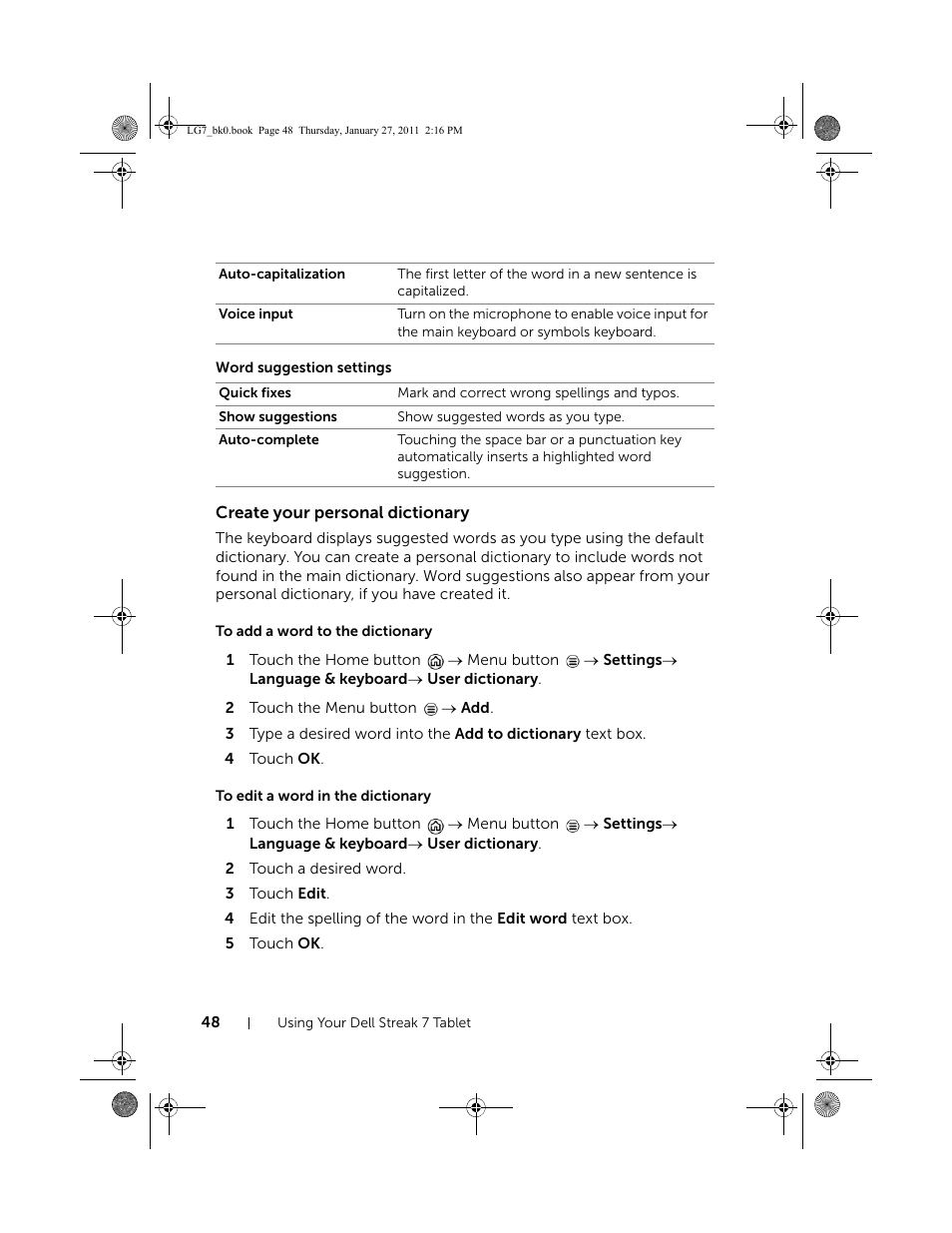 Word suggestion settings, Create your personal dictionary, To add a word to the dictionary | To edit a word in the dictionary | Dell Mobile Streak 7 User Manual | Page 48 / 145