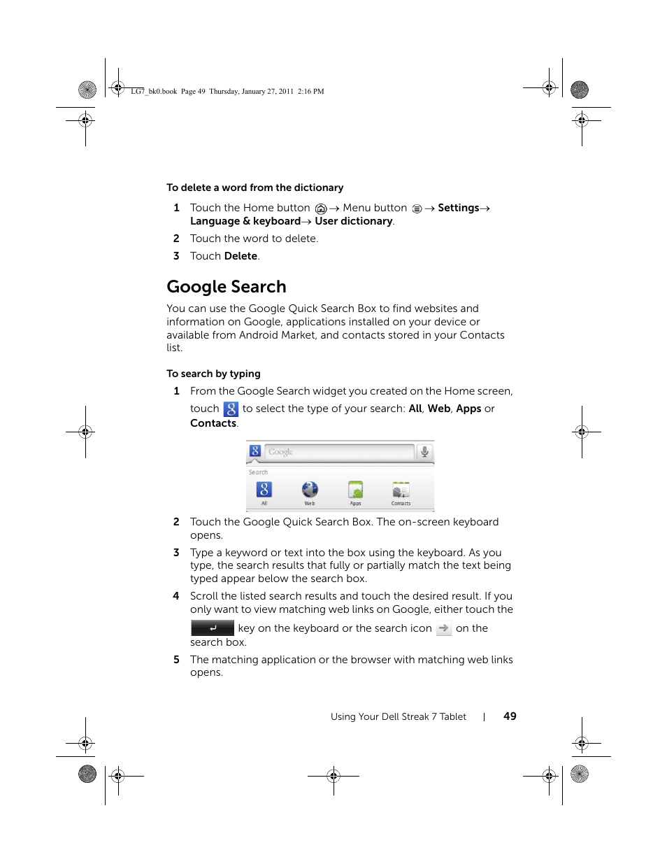 To delete a word from the dictionary, Google search, To search by typing | Dell Mobile Streak 7 User Manual | Page 49 / 145
