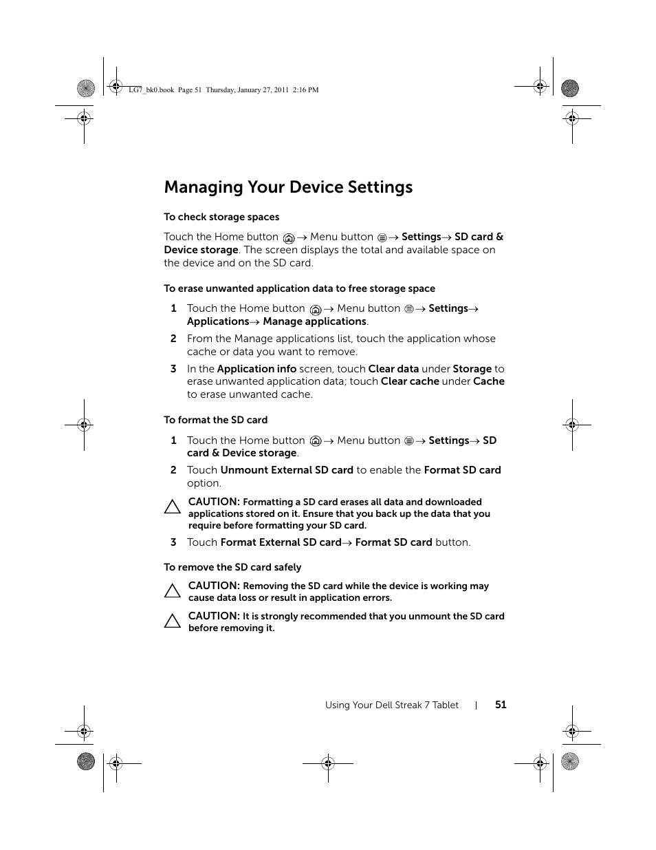 Managing your device settings, To check storage spaces, To format the sd card | To remove the sd card safely | Dell Mobile Streak 7 User Manual | Page 51 / 145