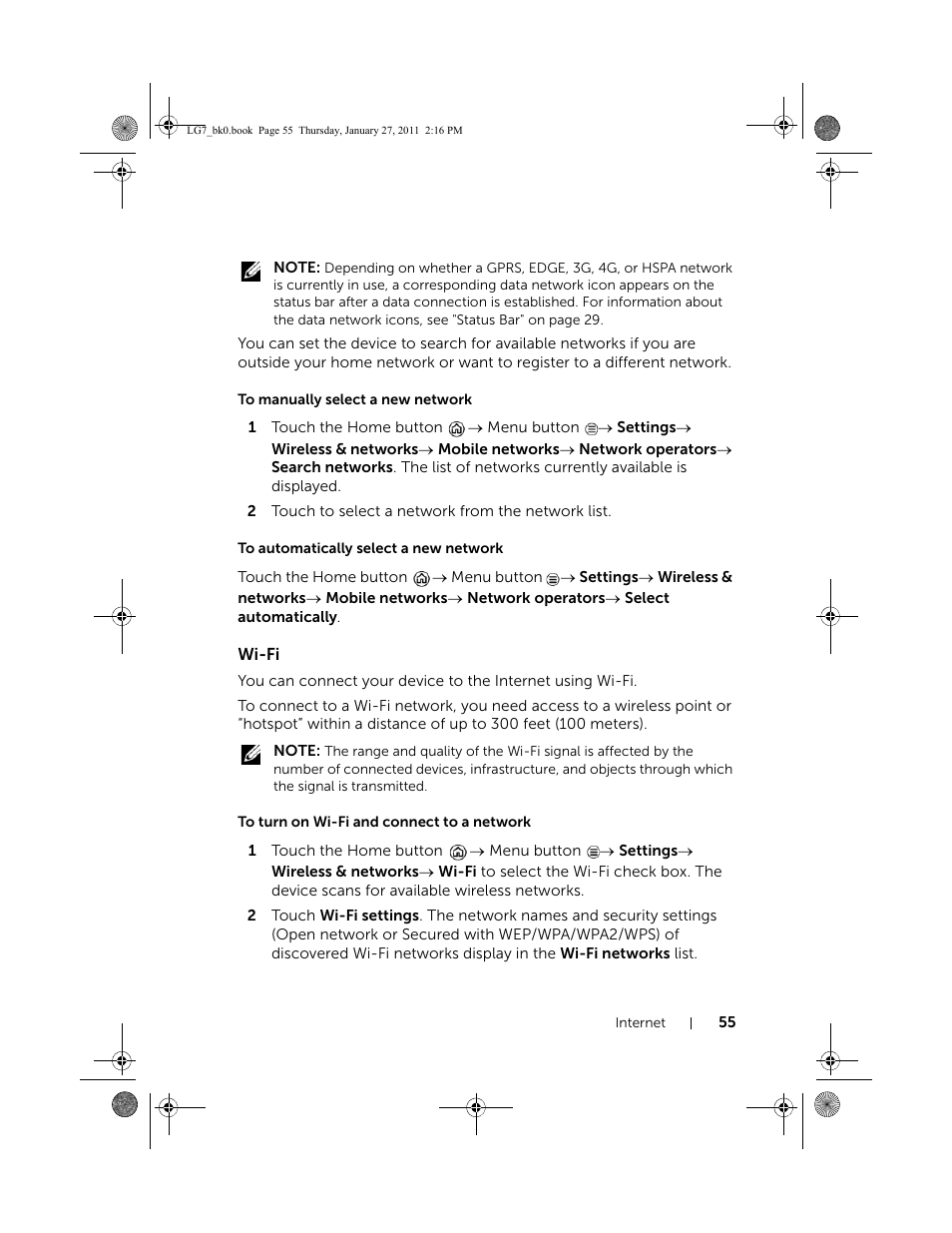 To manually select a new network, To automatically select a new network, Wi-fi | To turn on wi-fi and connect to a network | Dell Mobile Streak 7 User Manual | Page 55 / 145