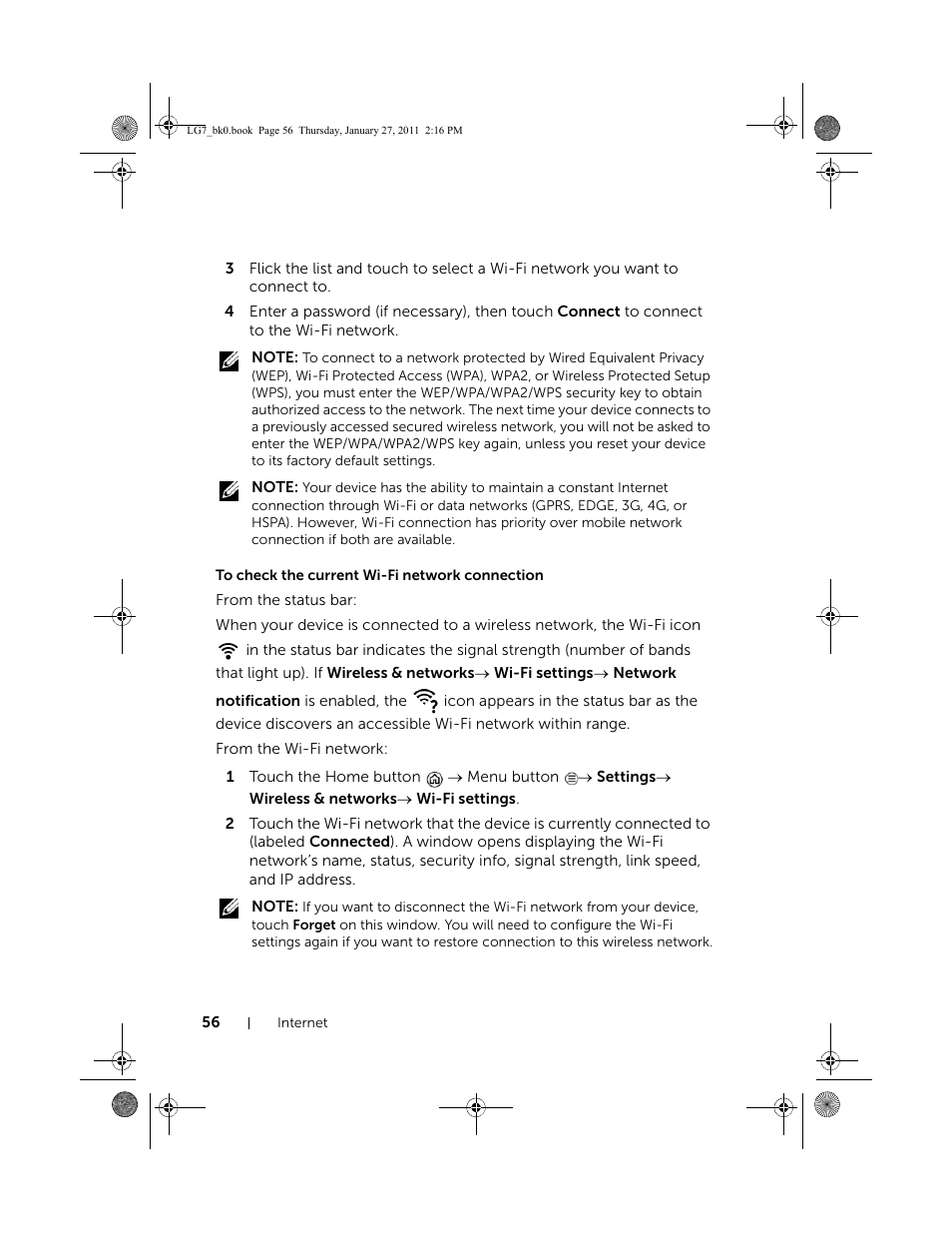 To check the current wi-fi network connection | Dell Mobile Streak 7 User Manual | Page 56 / 145