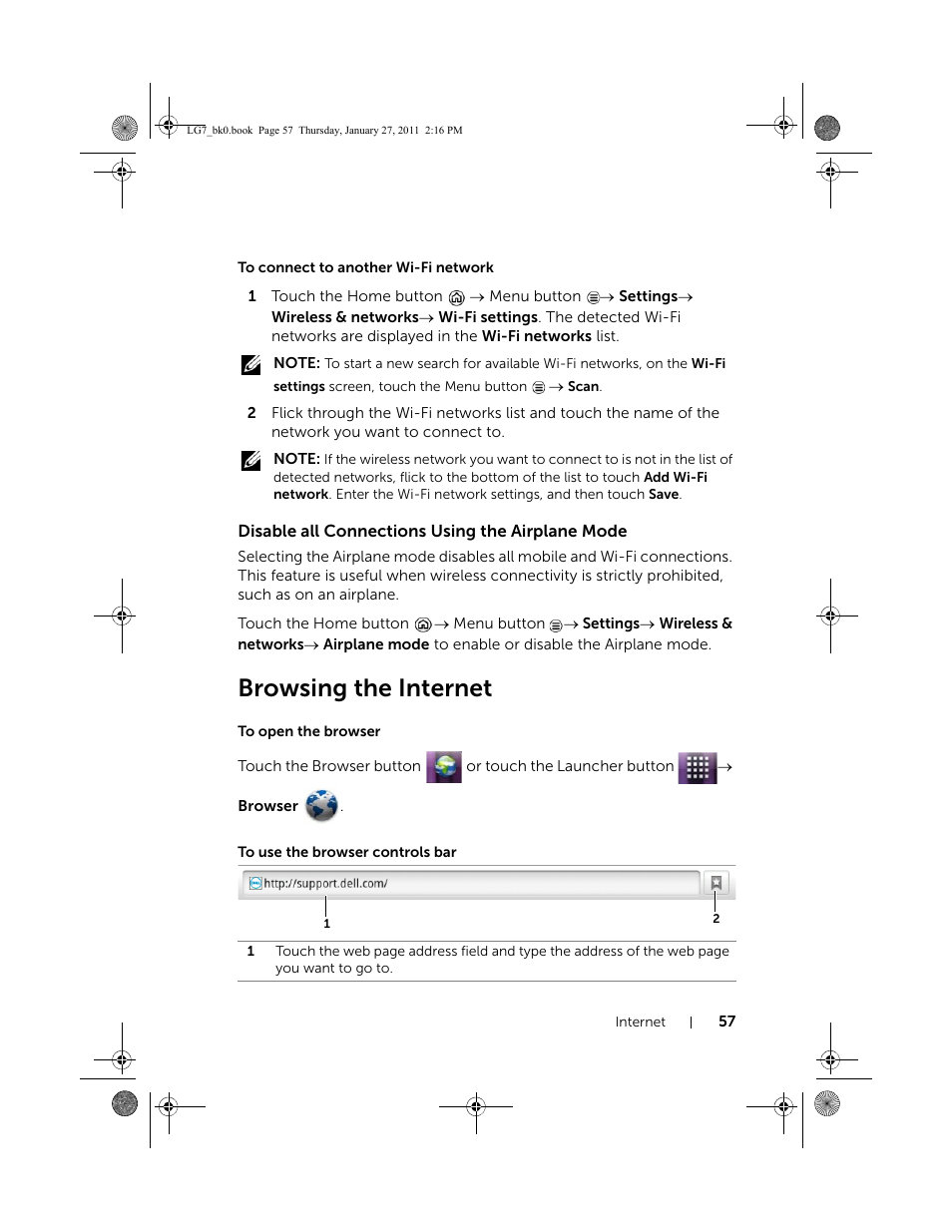 To connect to another wi-fi network, Disable all connections using the airplane mode, Browsing the internet | To open the browser, To use the browser controls bar | Dell Mobile Streak 7 User Manual | Page 57 / 145