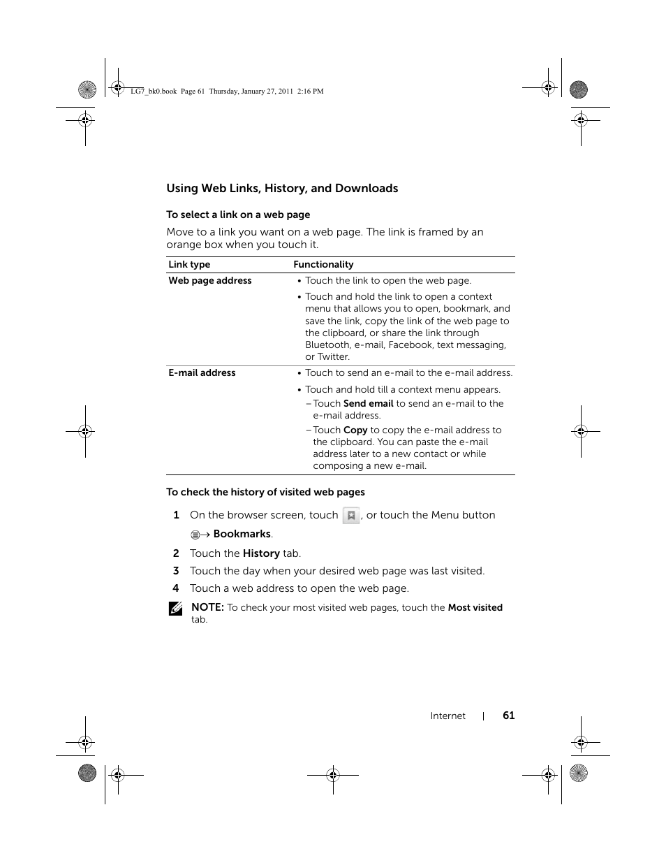 Using web links, history, and downloads | Dell Mobile Streak 7 User Manual | Page 61 / 145