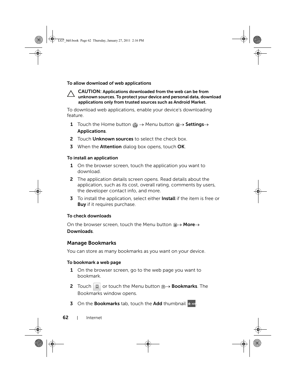 To allow download of web applications, To install an application, To check downloads | Manage bookmarks | Dell Mobile Streak 7 User Manual | Page 62 / 145