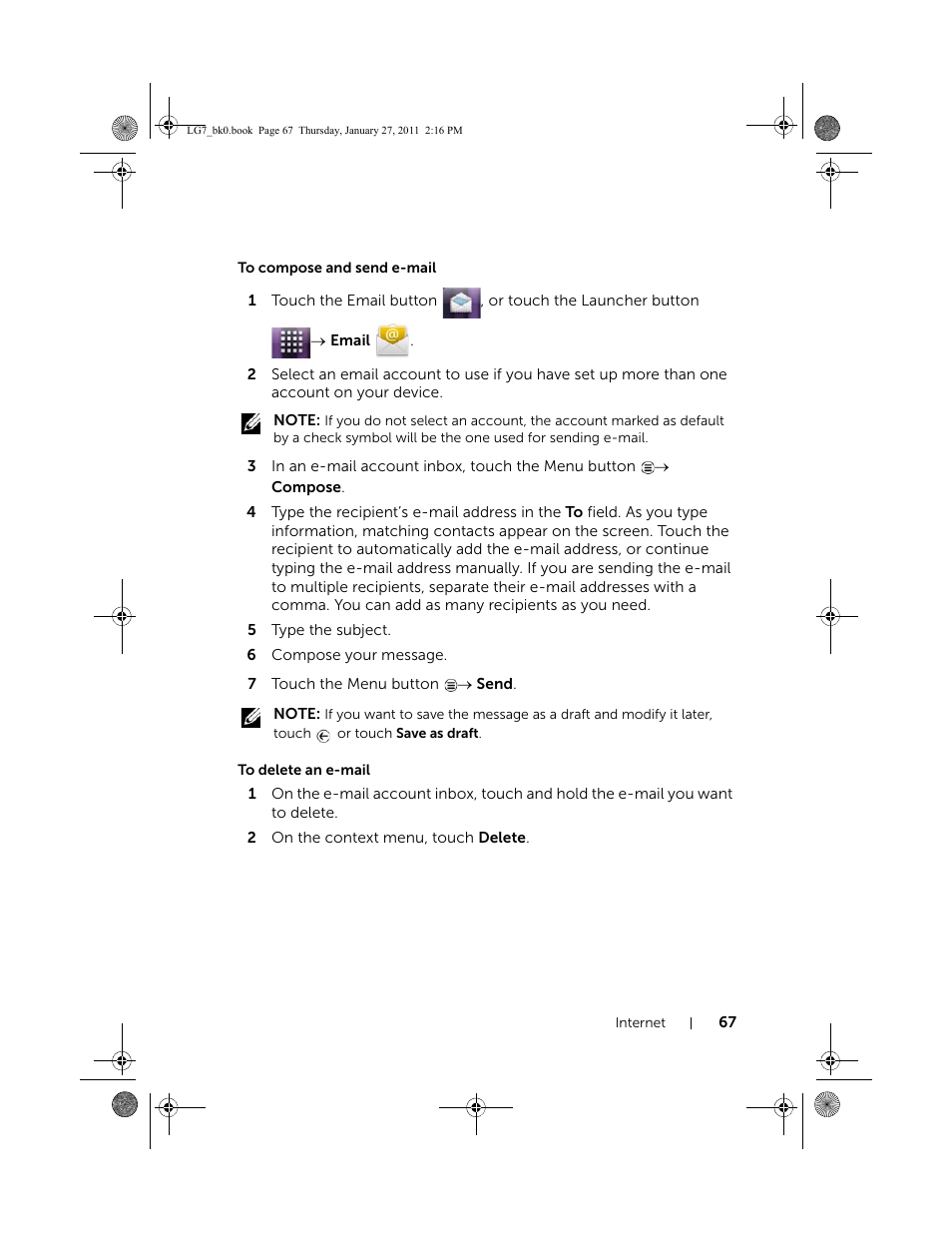 To compose and send e-mail, To delete an e-mail | Dell Mobile Streak 7 User Manual | Page 67 / 145