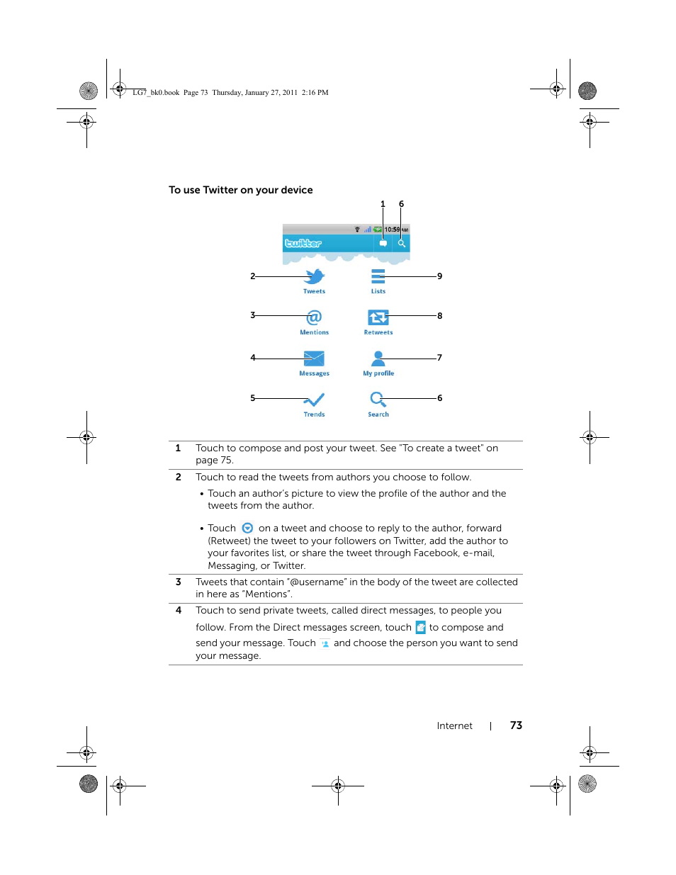To use twitter on your device | Dell Mobile Streak 7 User Manual | Page 73 / 145
