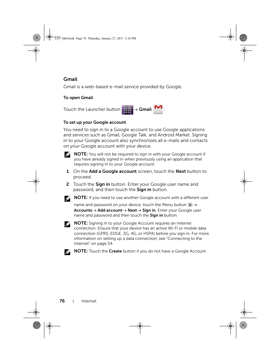 Gmail, To open gmail, To set up your google account | Dell Mobile Streak 7 User Manual | Page 76 / 145