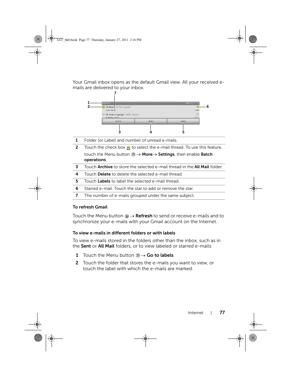 To refresh gmail | Dell Mobile Streak 7 User Manual | Page 77 / 145