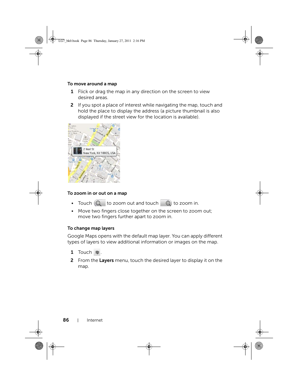 To move around a map, To zoom in or out on a map, To change map layers | Dell Mobile Streak 7 User Manual | Page 86 / 145