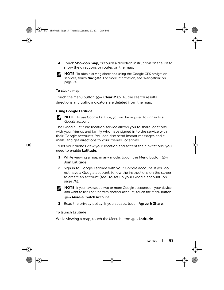 To clear a map, Using google latitude, To launch latitude | Dell Mobile Streak 7 User Manual | Page 89 / 145