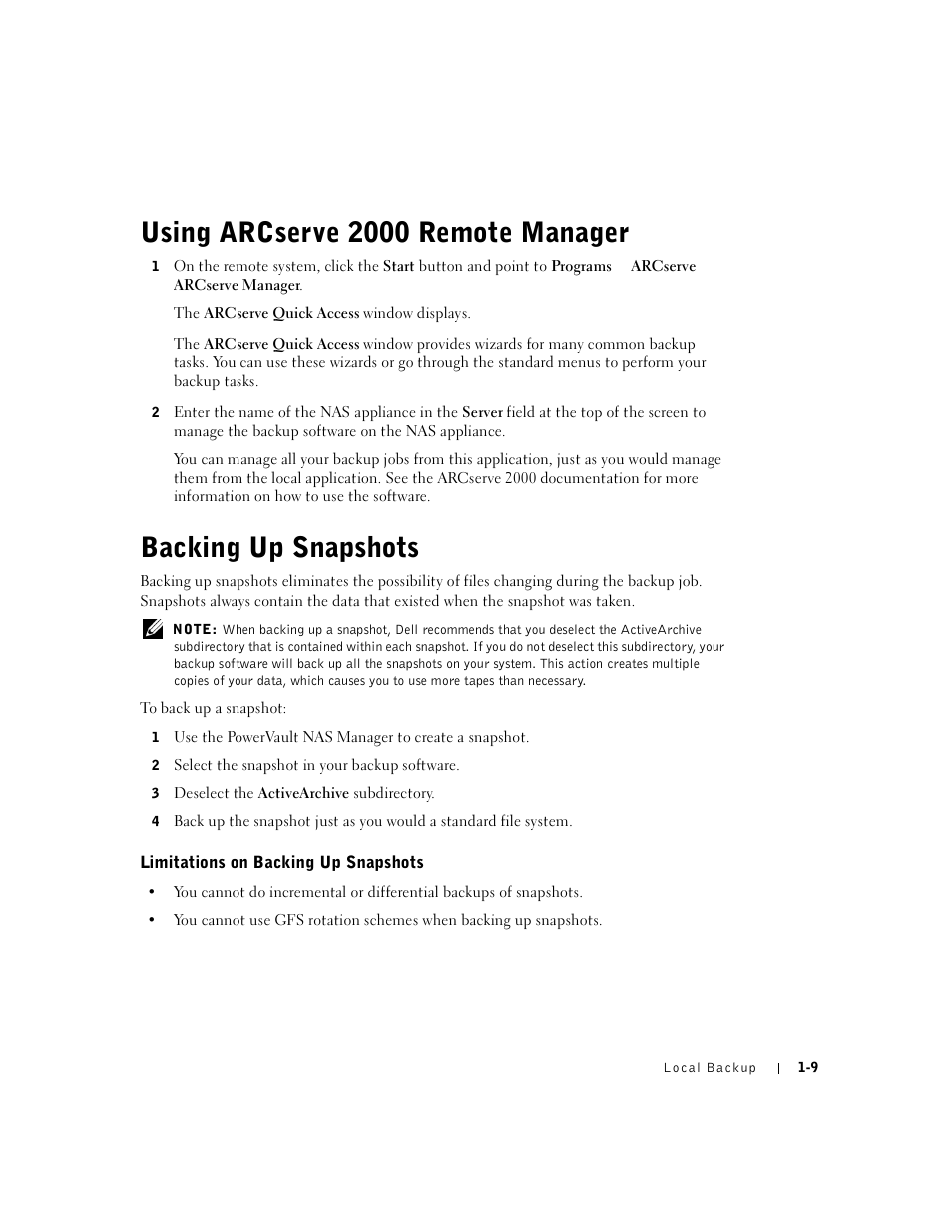 Using arcserve 2000 remote manager, Backing up snapshots, 2 select the snapshot in your backup software | 3 deselect the activearchive subdirectory, Limitations on backing up snapshots | Dell PowerVault 735N (Rackmount NAS Appliance) User Manual | Page 11 / 12