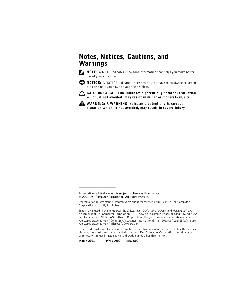 Notes, notices, cautions, and warnings | Dell PowerVault 735N (Rackmount NAS Appliance) User Manual | Page 2 / 12