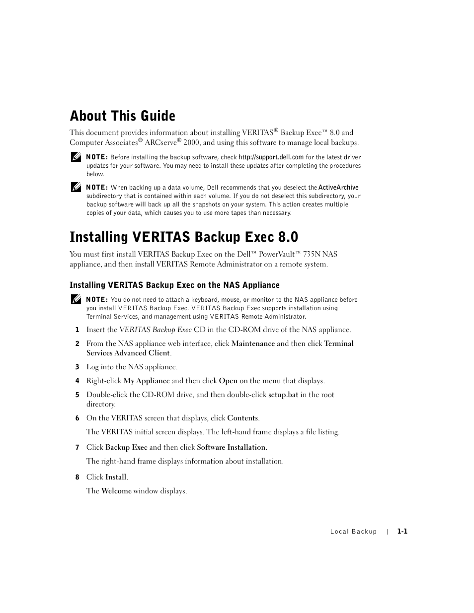 About this guide, Installing veritas backup exec 8.0, 3 log into the nas appliance | 8 click install | Dell PowerVault 735N (Rackmount NAS Appliance) User Manual | Page 3 / 12