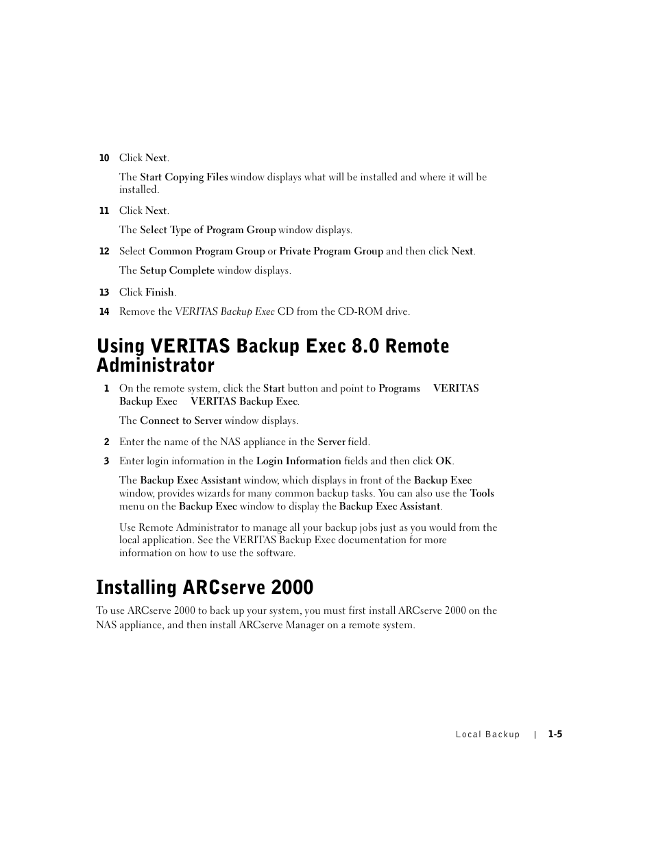 10 click next, 11 click next, 13 click finish | Using veritas backup exec 8.0 remote administrator, Installing arcserve 2000 | Dell PowerVault 735N (Rackmount NAS Appliance) User Manual | Page 7 / 12