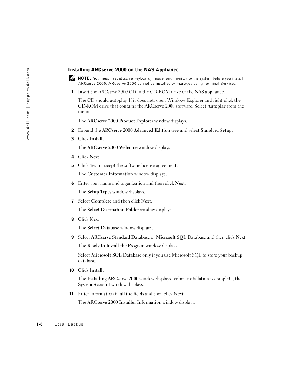 Installing arcserve 2000 on the nas appliance, 3 click install, 4 click next | 7 select complete and then click next, 8 click next, 10 click install | Dell PowerVault 735N (Rackmount NAS Appliance) User Manual | Page 8 / 12