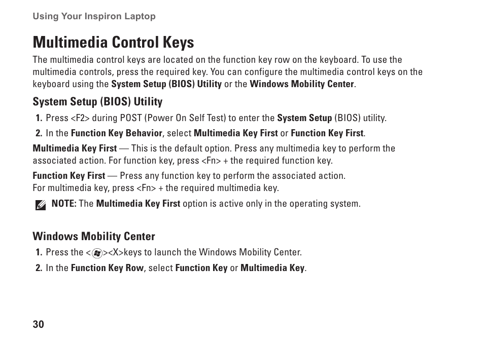 Multimedia control keys | Dell Inspiron 14 (N4030, Mid 2010) User Manual | Page 32 / 92