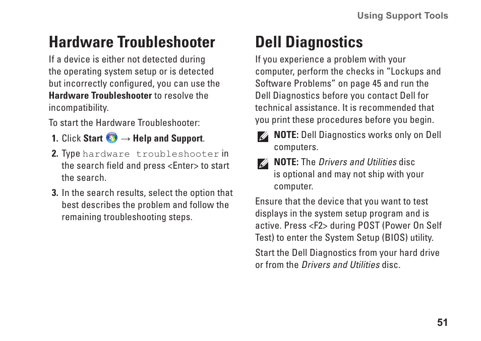 Hardware troubleshooter, Dell diagnostics, Hardware troubleshooter dell diagnostics | Dell Inspiron 14 (N4030, Mid 2010) User Manual | Page 53 / 92