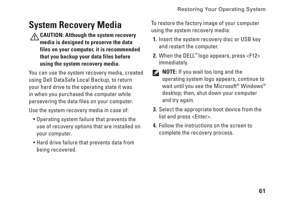 System recovery media | Dell Inspiron 14 (N4030, Mid 2010) User Manual | Page 63 / 92