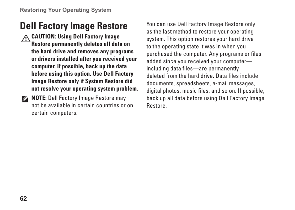 Dell factory image restore | Dell Inspiron 14 (N4030, Mid 2010) User Manual | Page 64 / 92