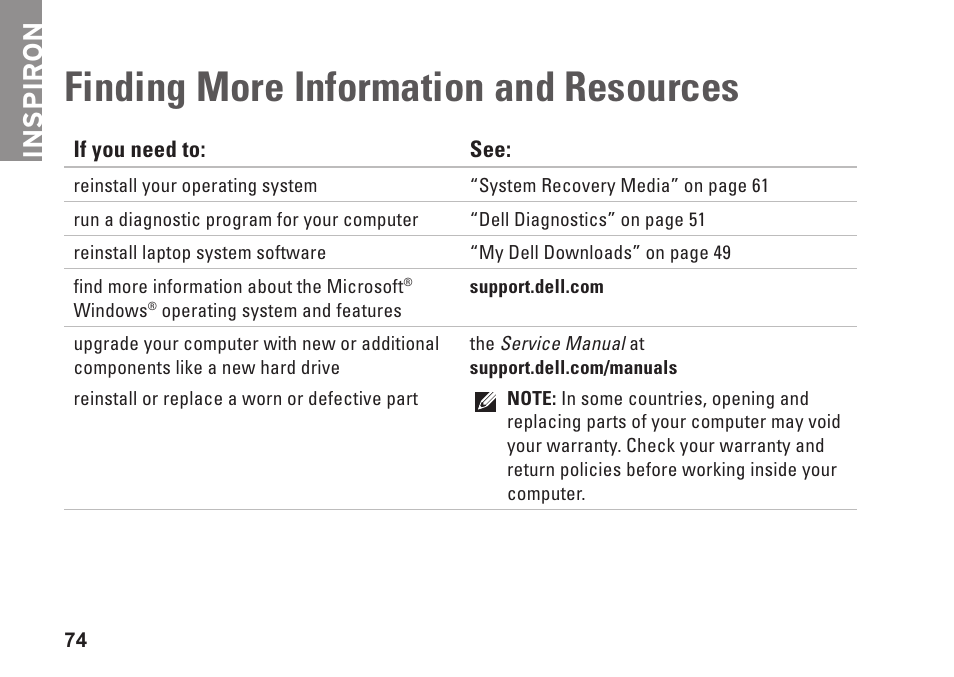 Finding more information and resources, Finding more information, And resources | Inspiron | Dell Inspiron 14 (N4030, Mid 2010) User Manual | Page 76 / 92