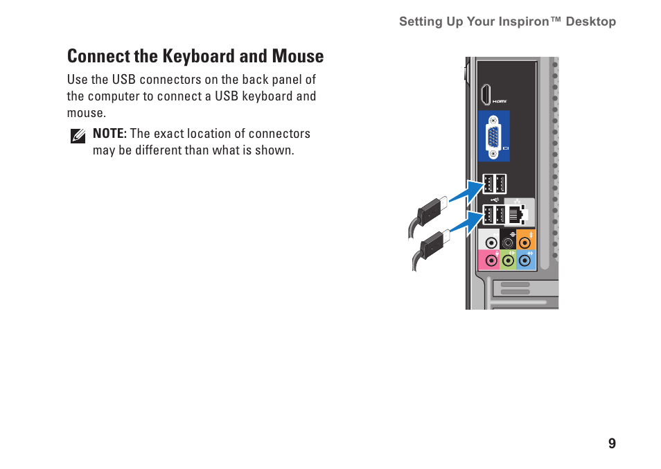 Connect the keyboard and mouse | Dell Inspiron 537s (Mid 2009) User Manual | Page 11 / 66