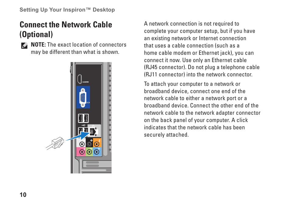 Connect the network cable (optional) | Dell Inspiron 537s (Mid 2009) User Manual | Page 12 / 66