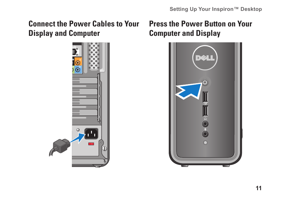 Connect the power cables to your, Display and computer | Dell Inspiron 537s (Mid 2009) User Manual | Page 13 / 66