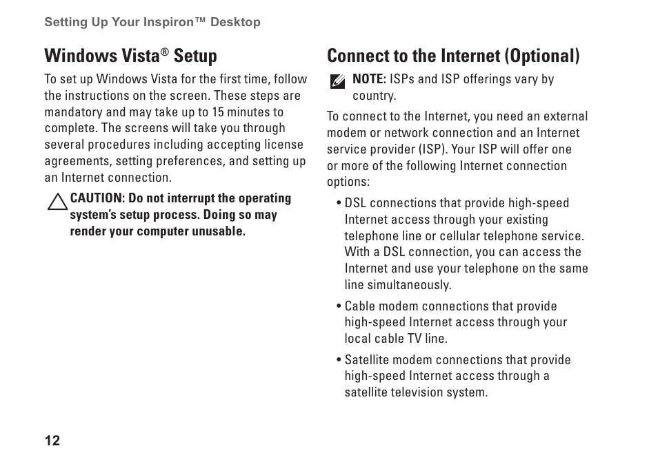 Windows vista® setup, Connect to the internet (optional), Windows vista | Setup | Dell Inspiron 537s (Mid 2009) User Manual | Page 14 / 66