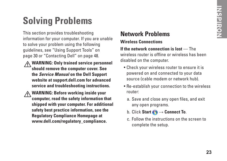 Solving problems, Network problems, Inspiron | Dell Inspiron 537s (Mid 2009) User Manual | Page 25 / 66