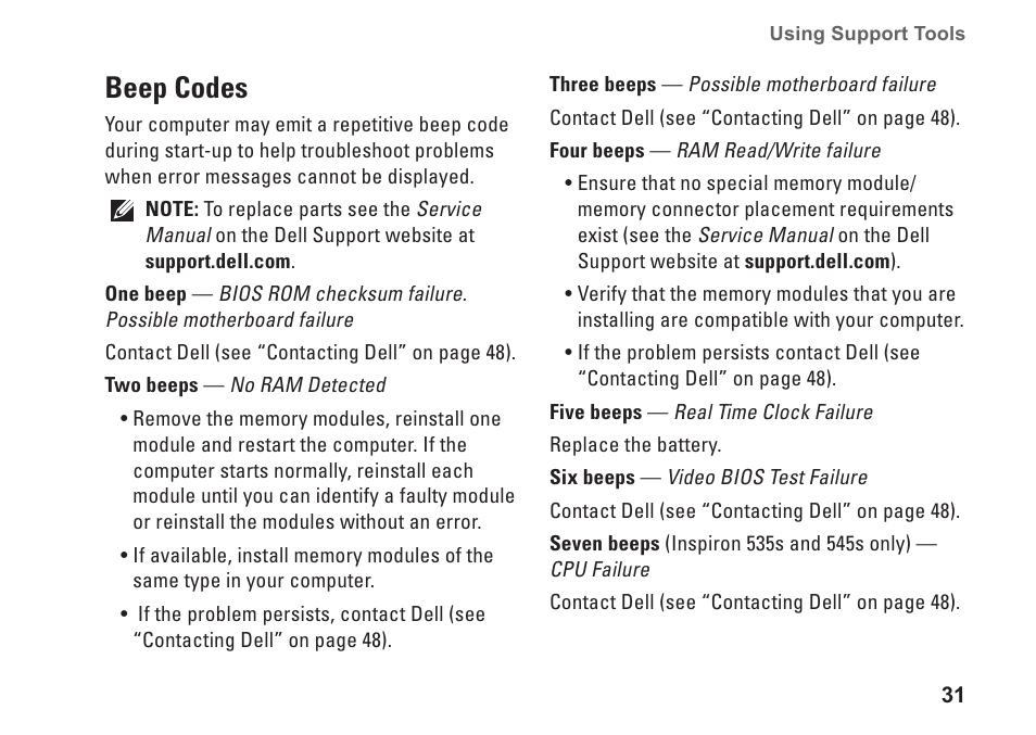 Beep codes | Dell Inspiron 537s (Mid 2009) User Manual | Page 33 / 66